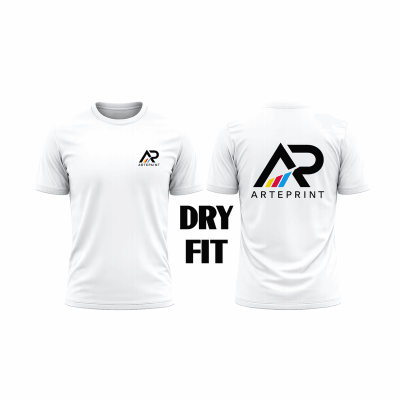 Camisa Dry Fit Branca com Sublimação Central. ( Tamanho Estampa 29x21 cm)